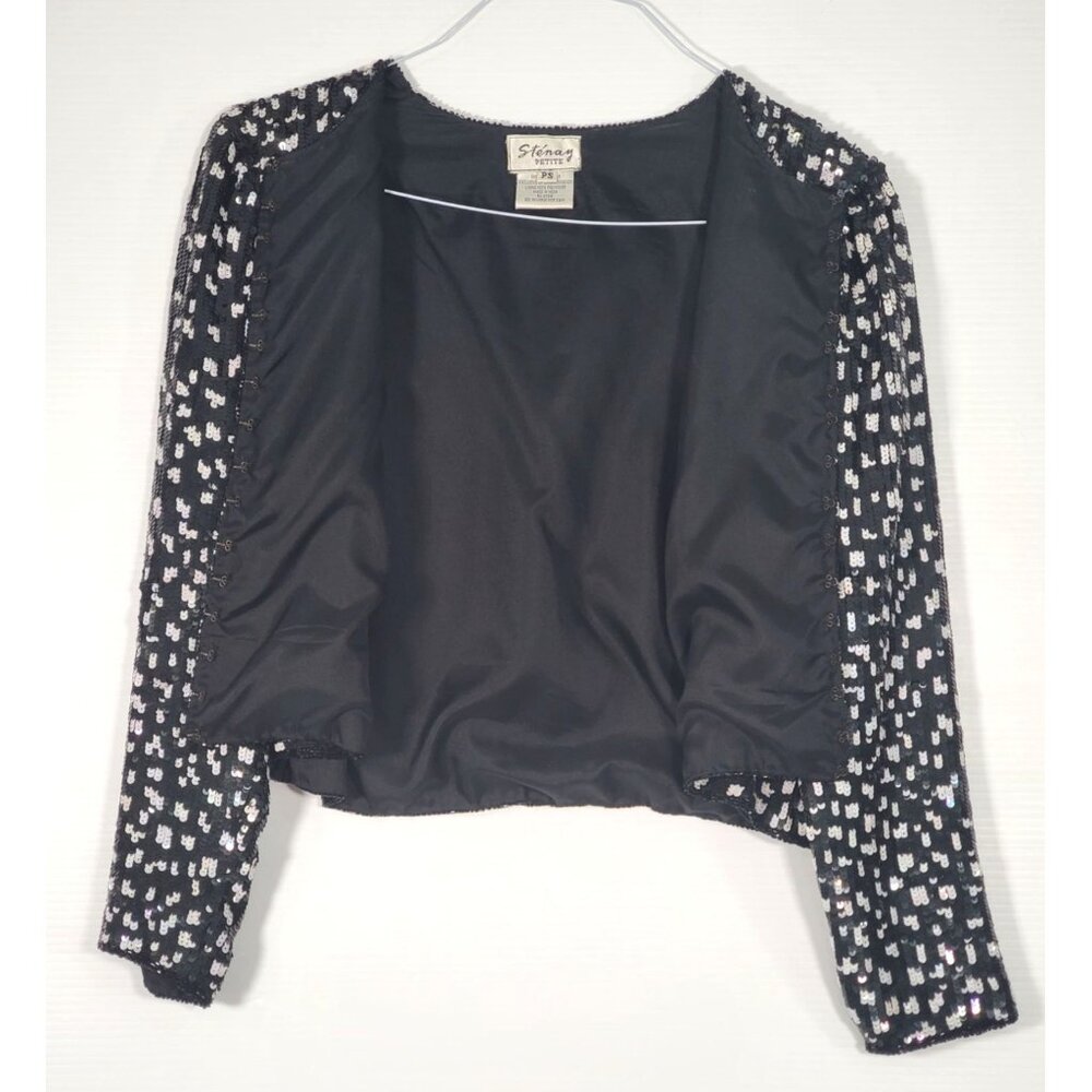 Vintage Stenag  Black and White Sequin Silk Bolero Evening Jacket Sz P S 1599 - Picture 7 of 12